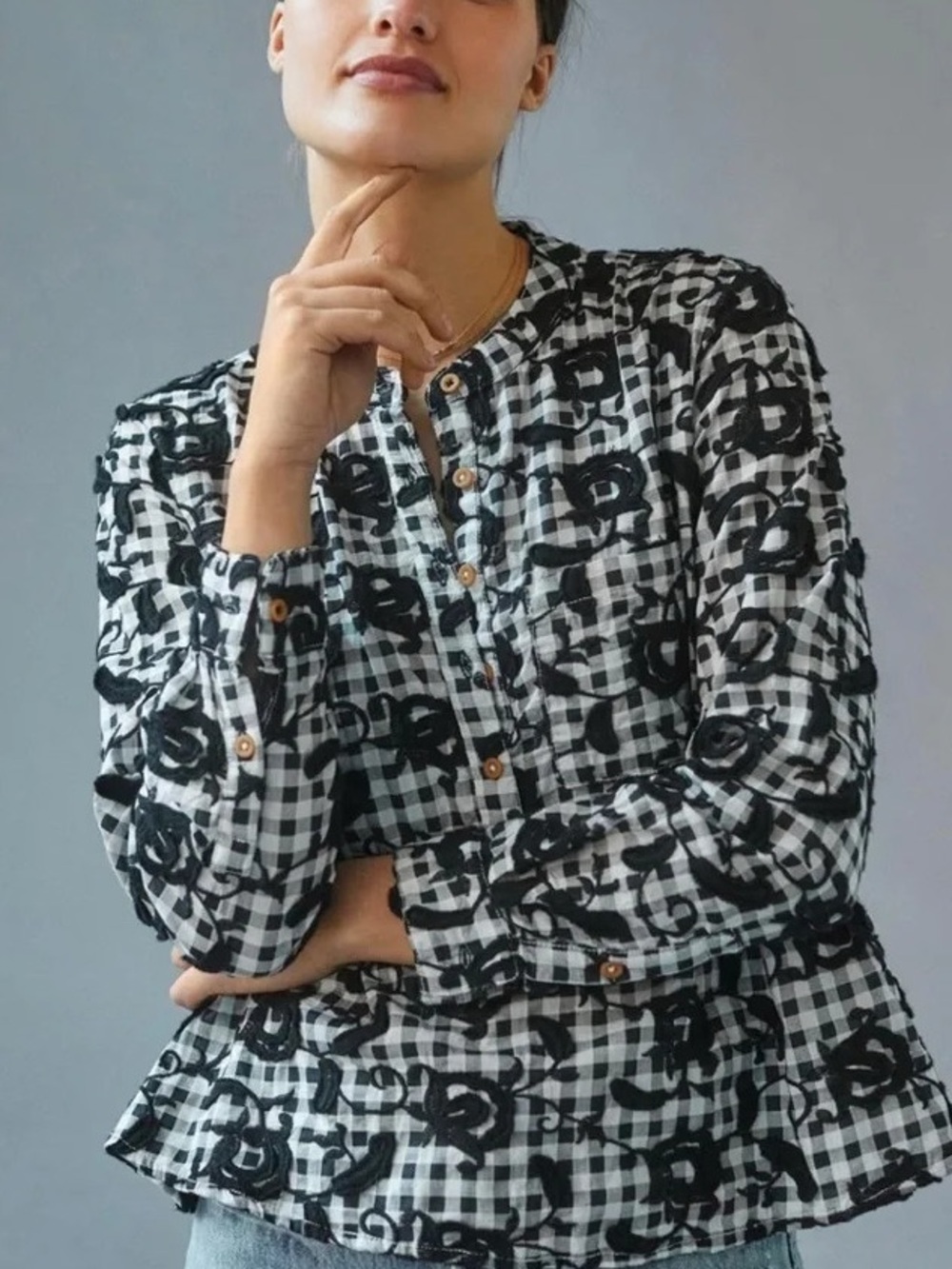 Pilcro The Whitney Button Down Peasant Blouse Gingham Cotton Embroidered 2X